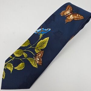 Don Soper‎ Necktie Mens Navy Blue Butterfly Floral Print Classic Vintage